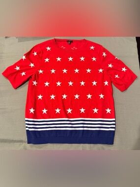 Talbots Petite XL Red White Blue Star Summer Sweater Americana Patriotic Top